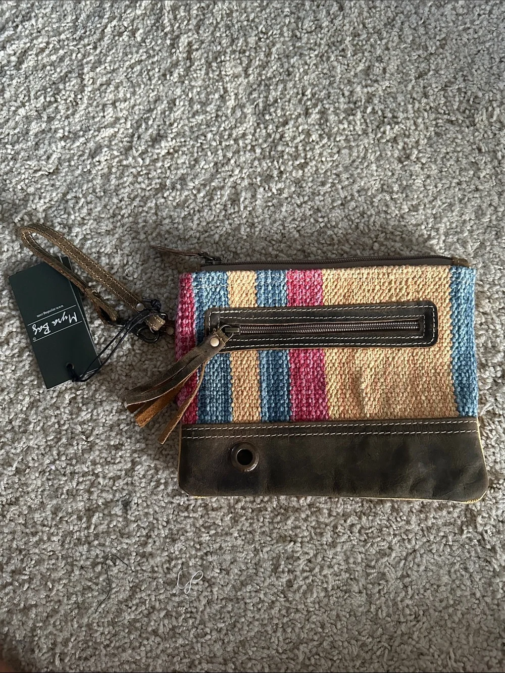 Myra Bag Multicolor Striped Wristlet Clutch with Brown Trim
